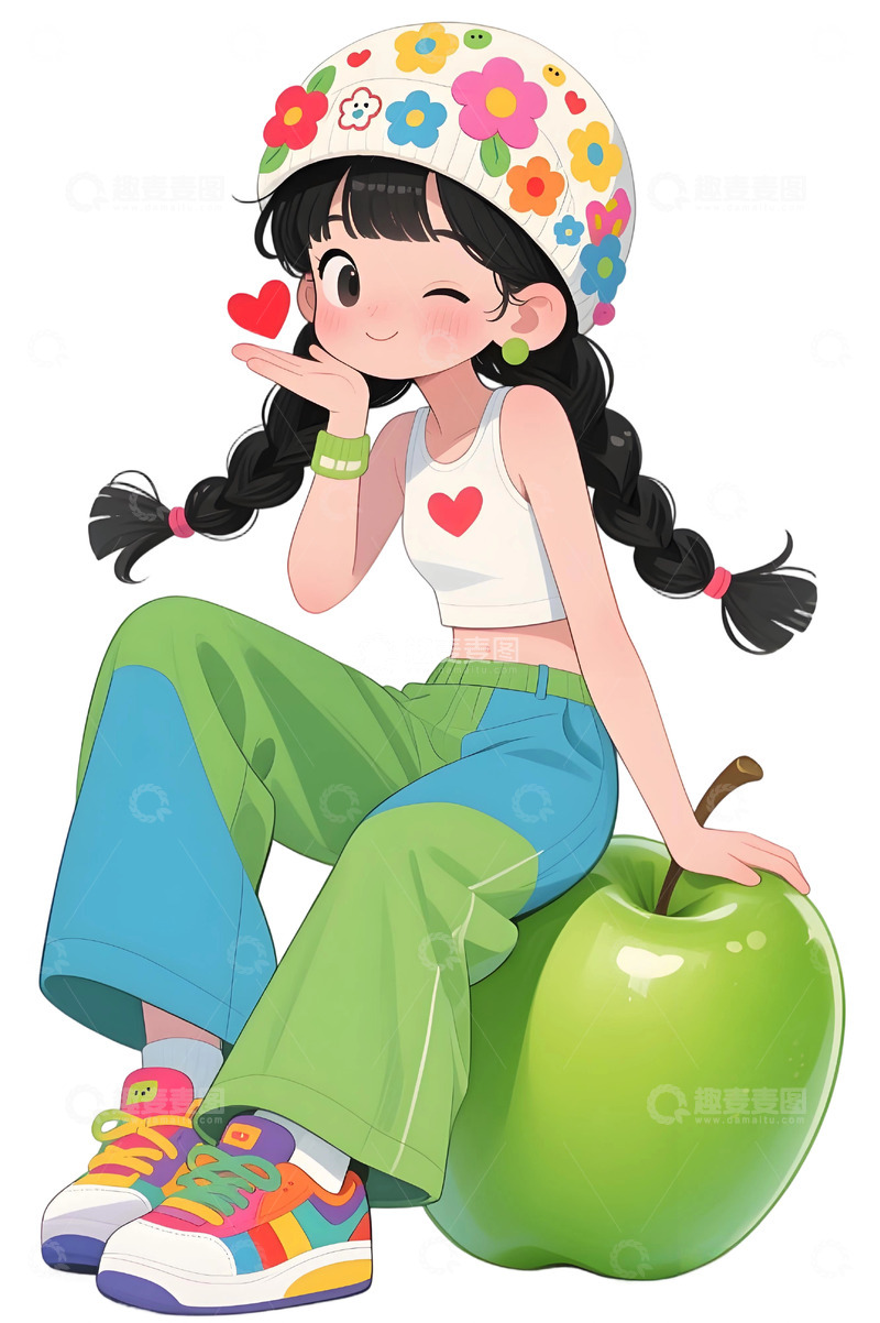 高清大图下载【趣麦麦图】潮流少女与青苹果卡通插画2