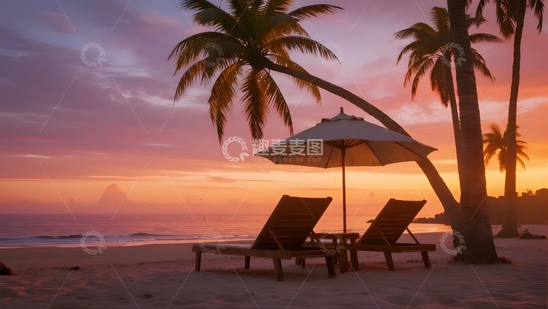 高清大图下载【趣麦麦图】海滨日落，椰林躺椅静享
