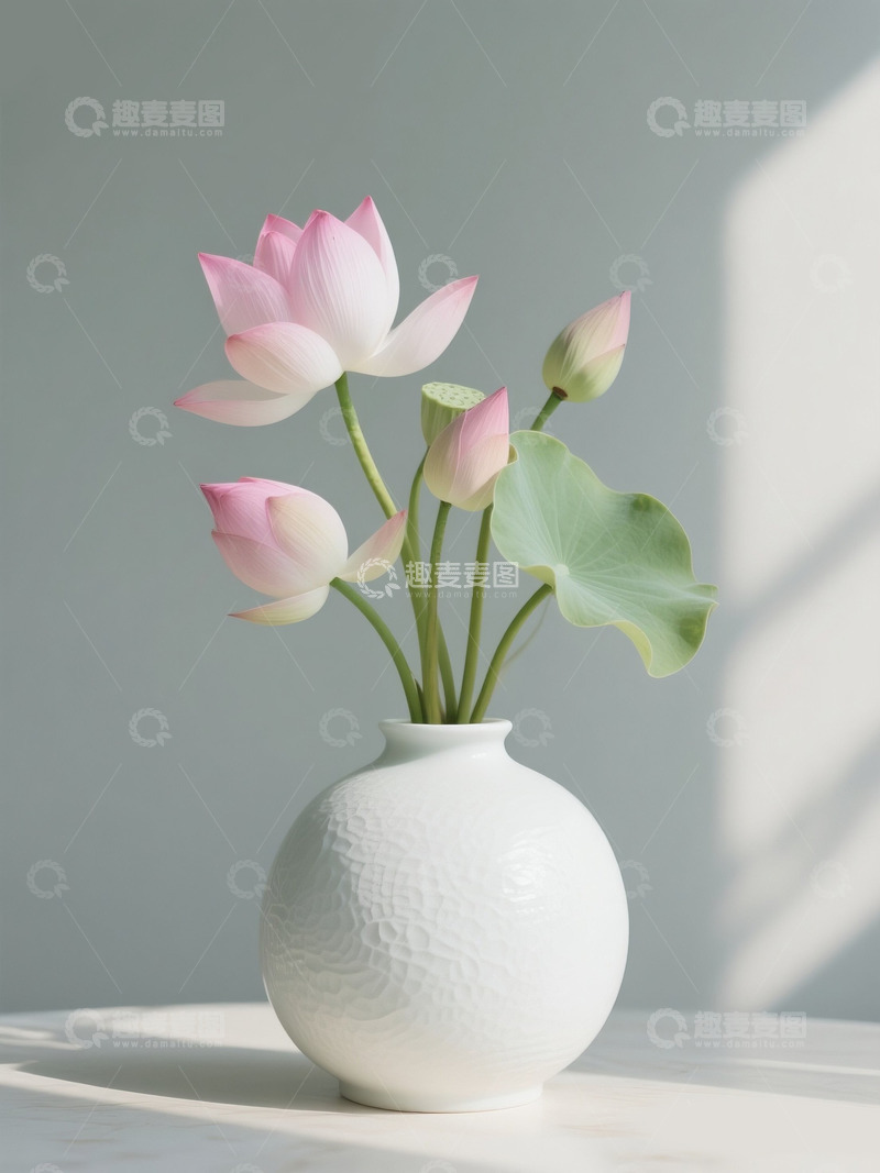 高清大图下载【趣麦麦图】中式插花白色花瓶中的荷花摄影