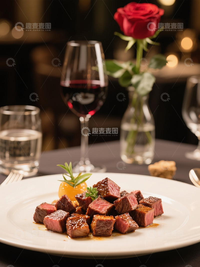 高清大图下载【趣麦麦图】西餐餐厅牛排粒红酒美食摄影