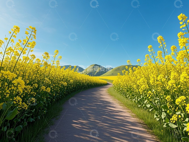 高清大图下载【趣麦麦图】油菜花中的乡村小路摄影图