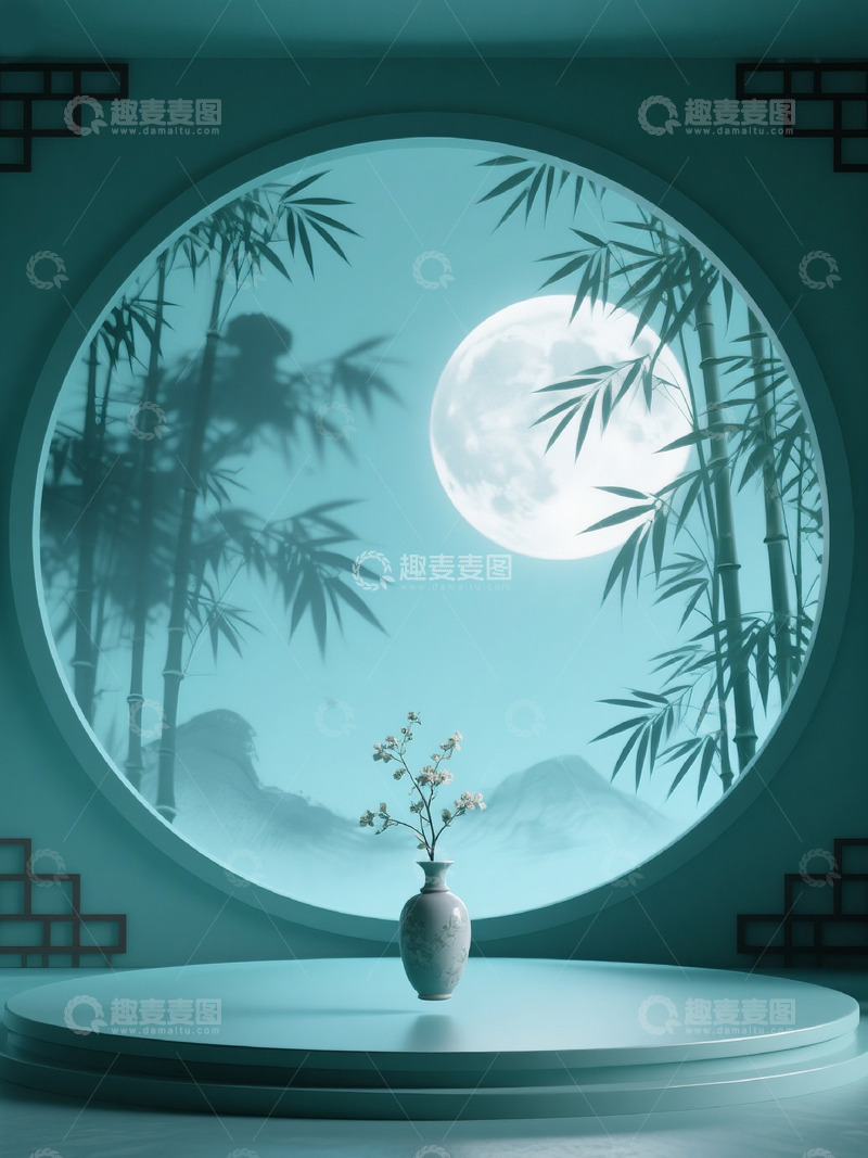 高清大图下载【趣麦麦图】中式水墨画月光场景舞台背景