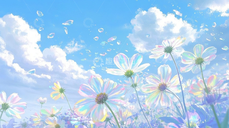 高清大图下载【趣麦麦图】油画风蓝天白云下透明炫彩花朵背景1