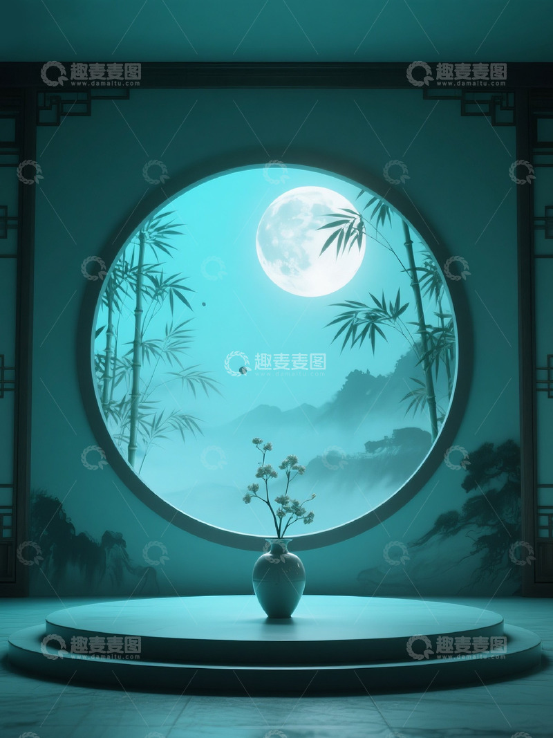 高清大图下载【趣麦麦图】中式水墨画月光场景舞台背景1