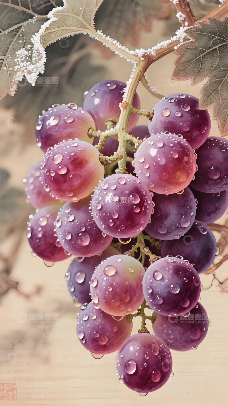 高清大图下载【趣麦麦图】国风意境葡萄工笔画作1