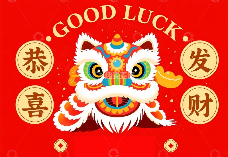 大红色喜庆狮子地垫图案