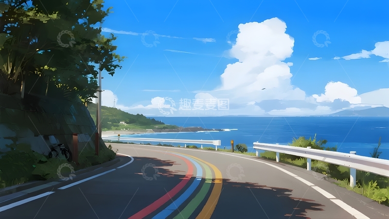 高清大图下载【趣麦麦图】临海公路，彩虹线引向海