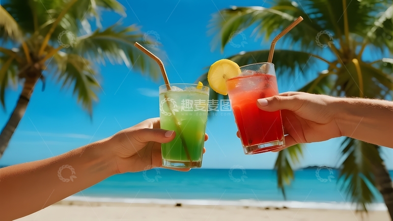 高清大图下载【趣麦麦图】沙滩饮品，海滨碰杯惬意