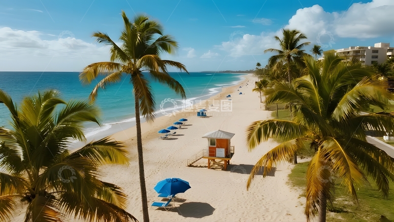 高清大图下载【趣麦麦图】椰林沙滩，海滨救生塔景