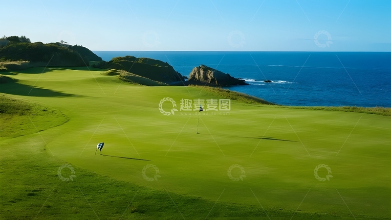 高清大图下载【趣麦麦图】高尔夫绿地，海滨美景环绕