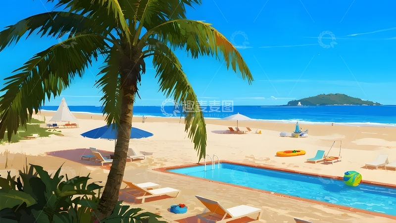 高清大图下载【趣麦麦图】椰林沙滩，泳池度假风光