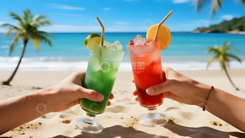 高清大图下载【趣麦麦图】度假海滨，多彩饮品碰杯