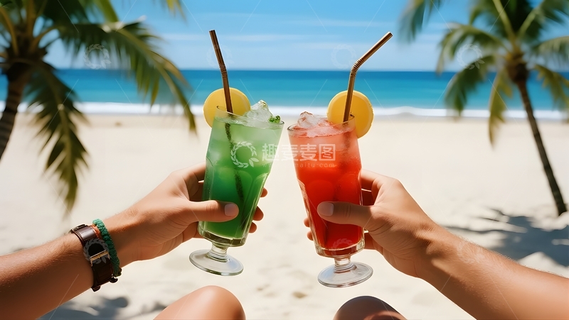 高清大图下载【趣麦麦图】海滨碰杯，度假饮品时光