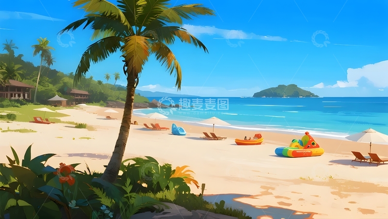 高清大图下载【趣麦麦图】度假海滩，椰林泳池惬意