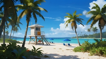 海滨沙滩，椰林与救生塔