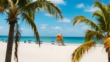 碧海沙滩，椰林救生塔美