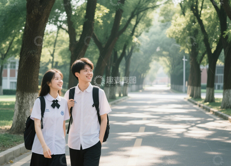 高清大图下载【趣麦麦图】情侣校园散步