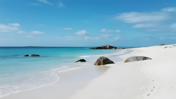 碧海白滩，礁石点缀的海景