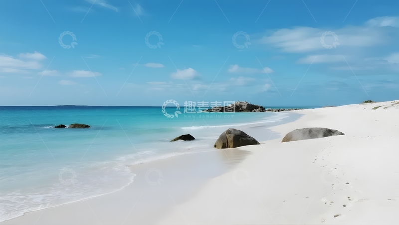 高清大图下载【趣麦麦图】碧海白滩，礁石点缀的海景