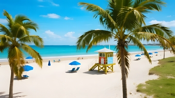 沙滩椰影，救生塔伴海景