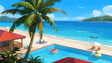 海滩泳池，椰林度假场景