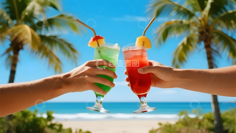 高清大图下载【趣麦麦图】海滨度假，饮品碰杯场景
