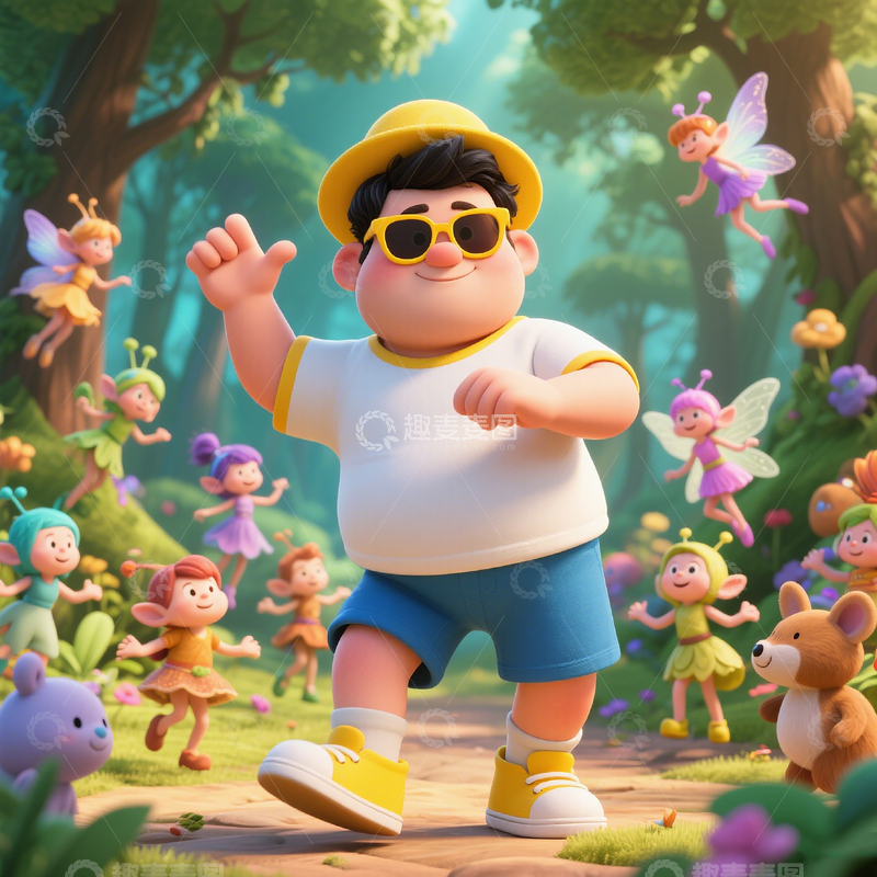 高清大图下载【趣麦麦图】森林插画林间与精灵共舞的快乐男孩