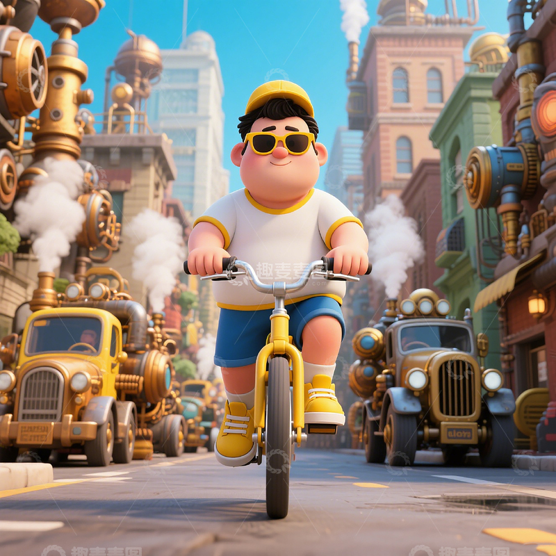高清大图下载【趣麦麦图】男孩骑小黄车穿梭蒸汽朋克街道插画