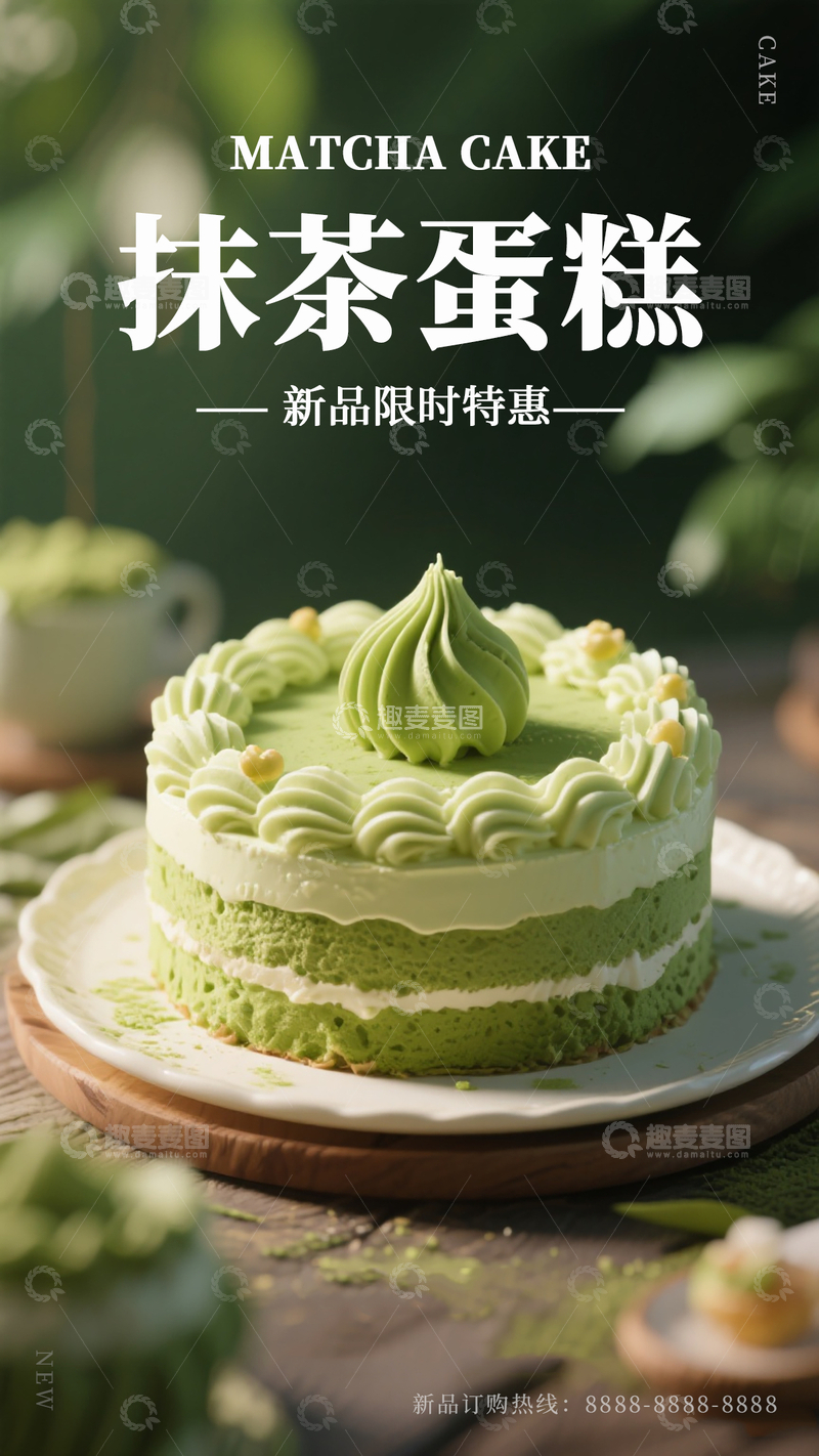 源文件下载【趣麦麦图】抹茶蛋糕绿色森系日系甜点美食烘焙海报