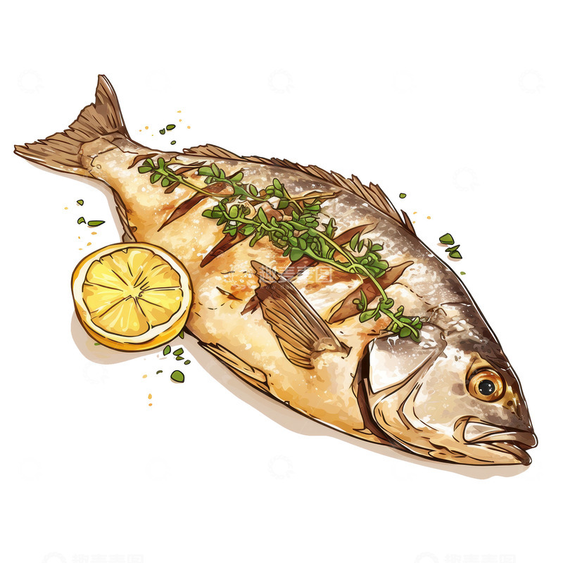 高清大图下载【趣麦麦图】卡通简约一只美味的烤鱼