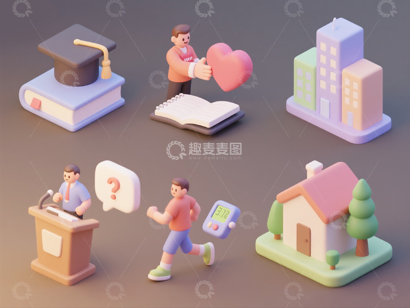 高清大图下载【趣麦麦图】生活教育社区人物立体卡通元素