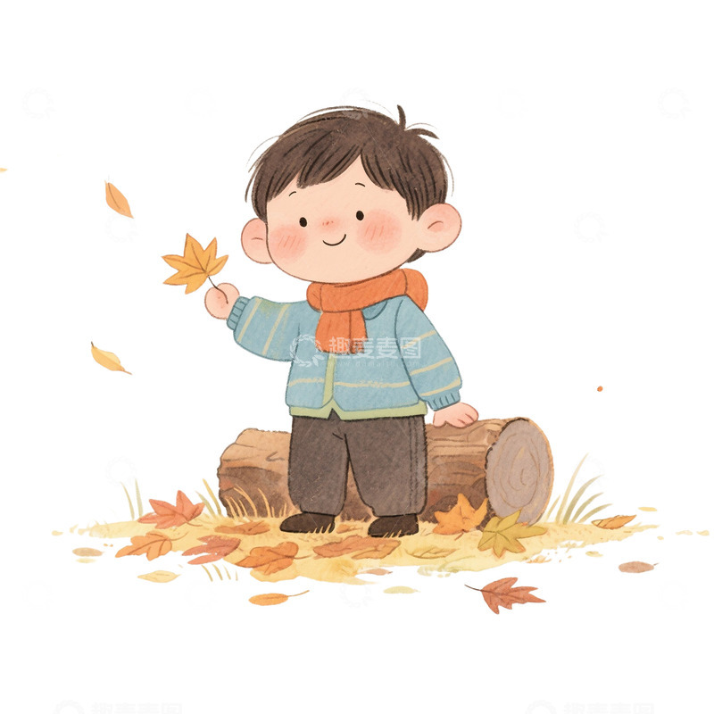 高清大图下载【趣麦麦图】水彩风格秋季可爱男孩免抠元素1