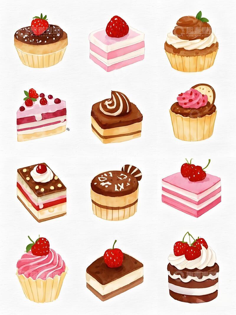 高清大图下载【趣麦麦图】水彩风格甜品插画集合
