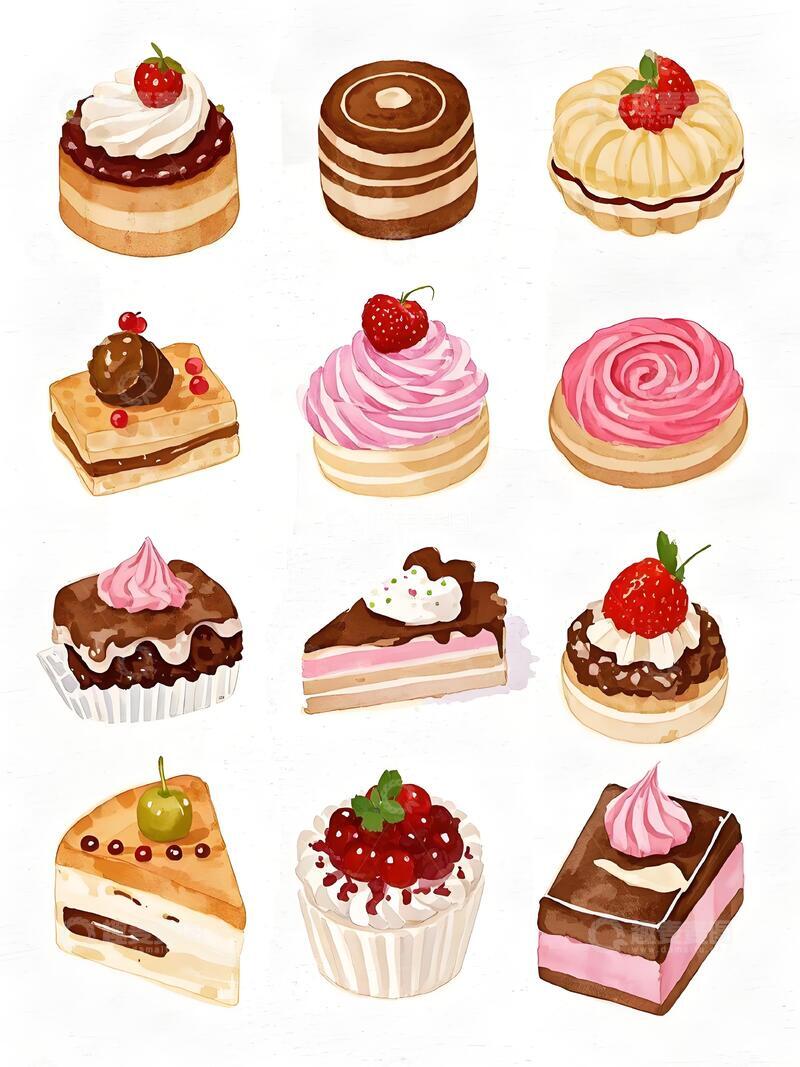 高清大图下载【趣麦麦图】水彩风格甜品插画集合4