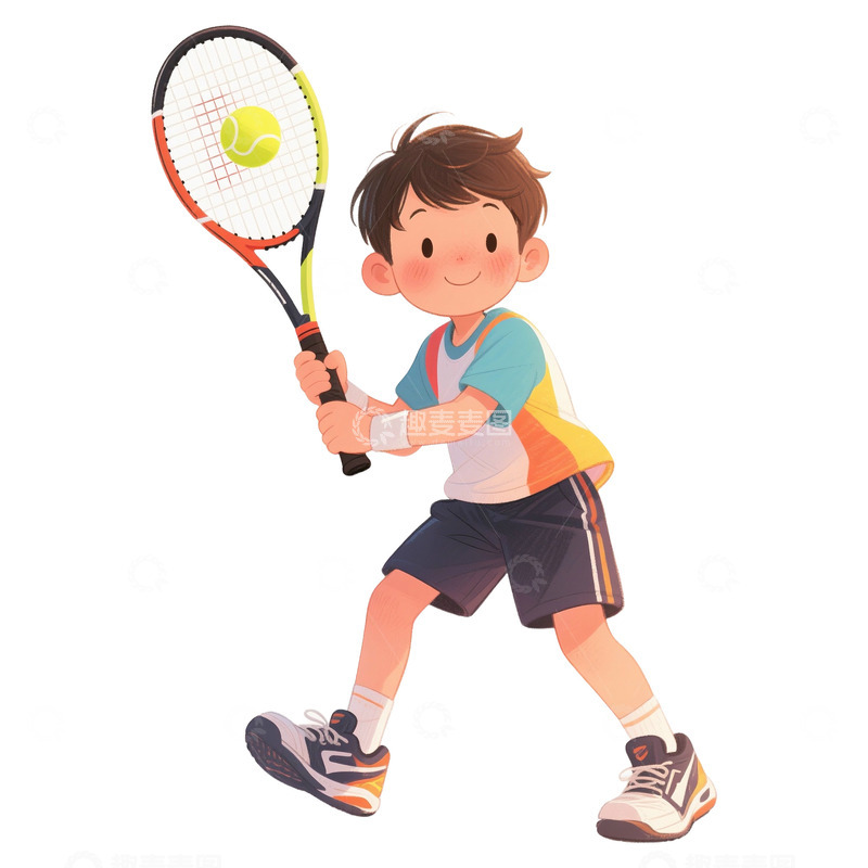 高清大图下载【趣麦麦图】-卡通可爱男孩打网球免抠元素1