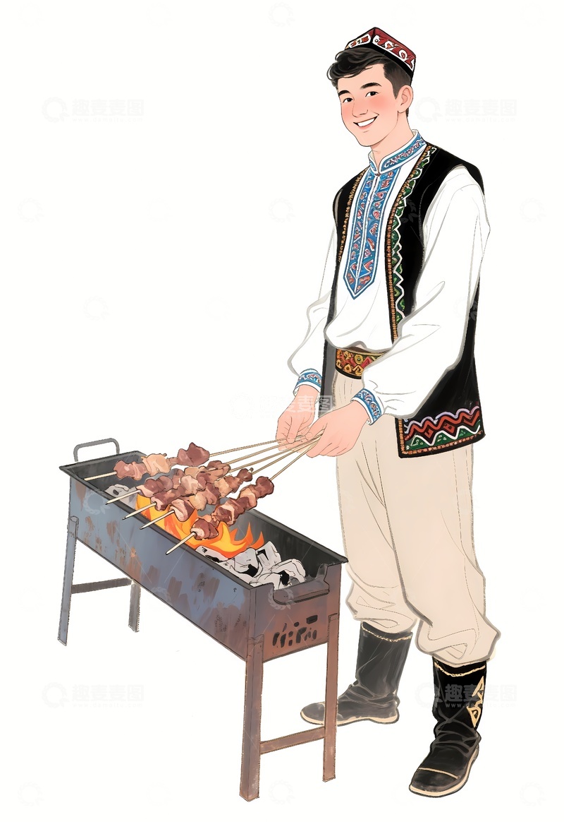 高清大图下载【趣麦麦图】新疆烤羊肉串的小伙