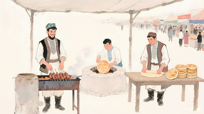 高清大图下载【趣麦麦图】新疆集市美食烤馕与烤羊肉串