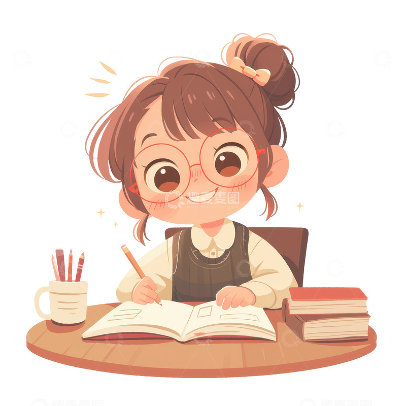 暑期写作业的小女孩