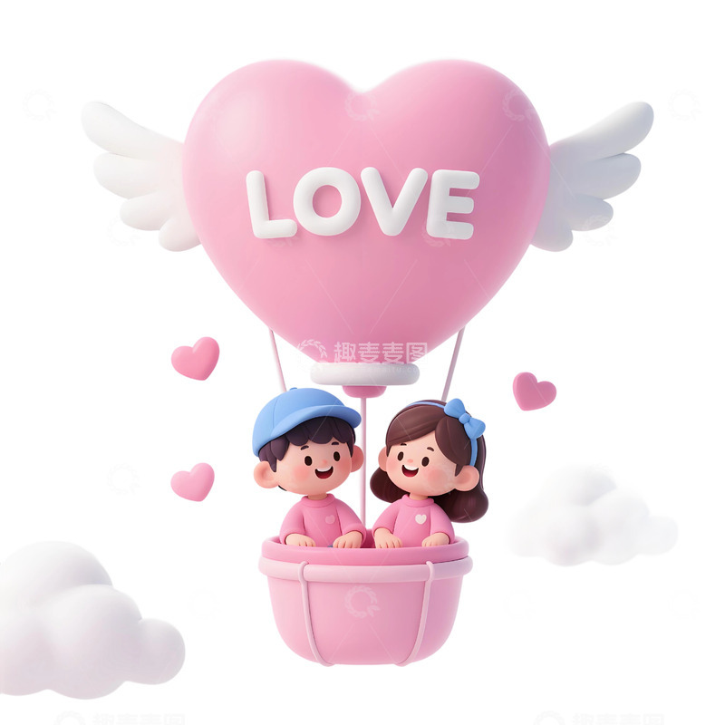 高清大图下载【趣麦麦图】3D 立体浪漫情侣热气球插画14
