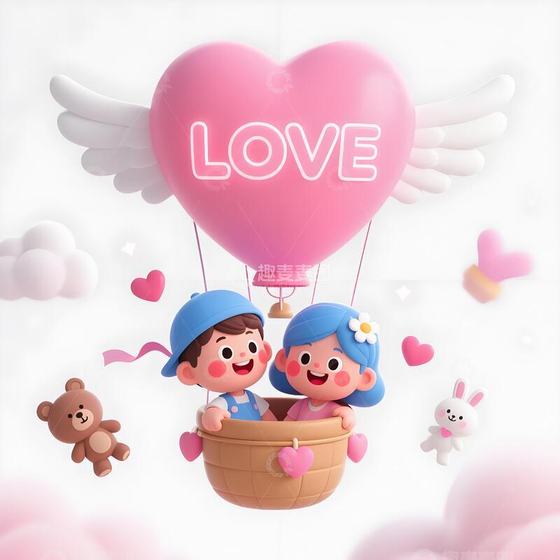 高清大图下载【趣麦麦图】3D 立体浪漫情侣热气球插画7