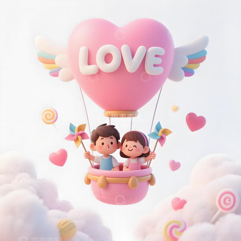 高清大图下载【趣麦麦图】3D 立体浪漫情侣热气球插画9
