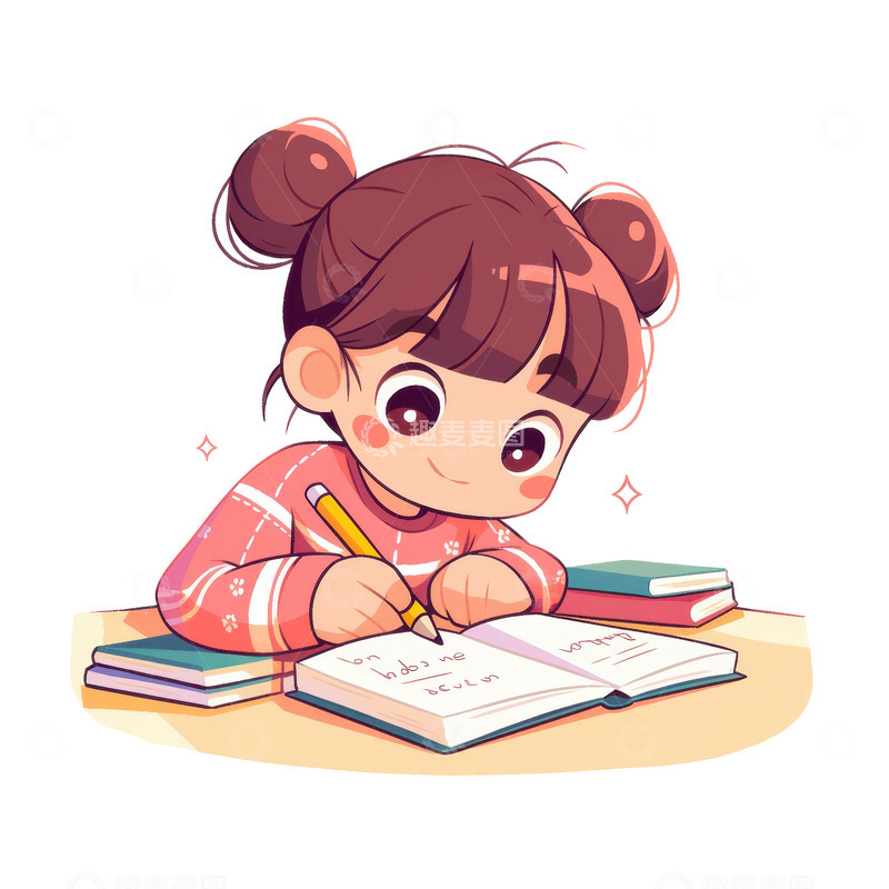 卡通简约写作业的小女孩