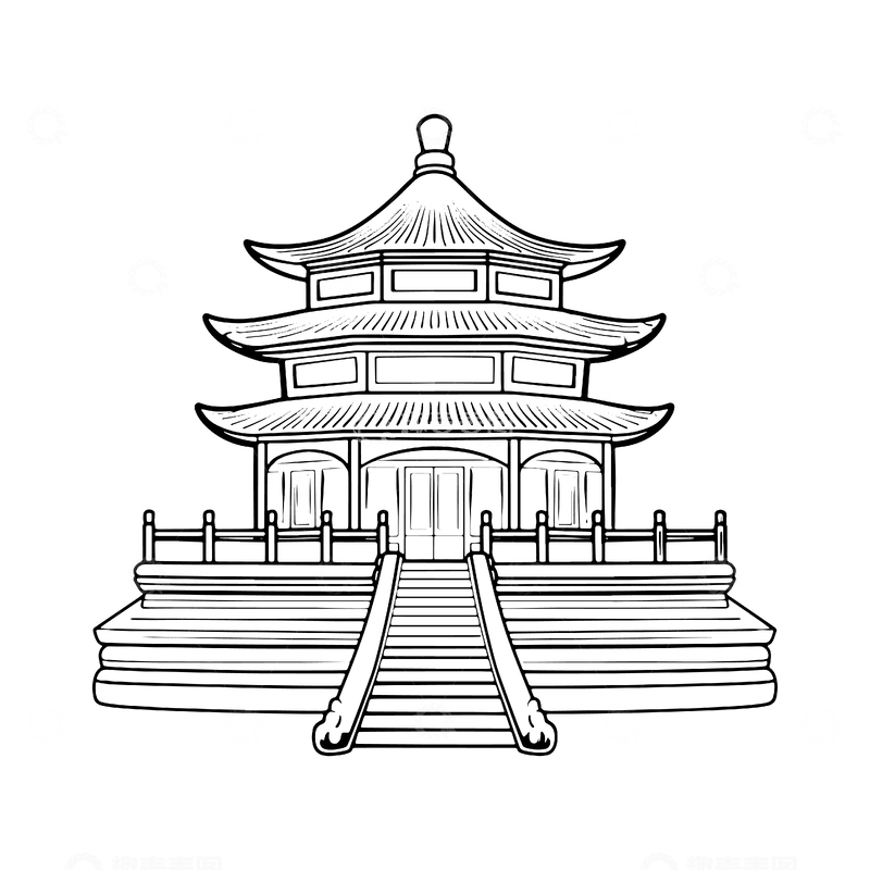 源文件下载【趣麦麦图】-凉亭建筑线稿