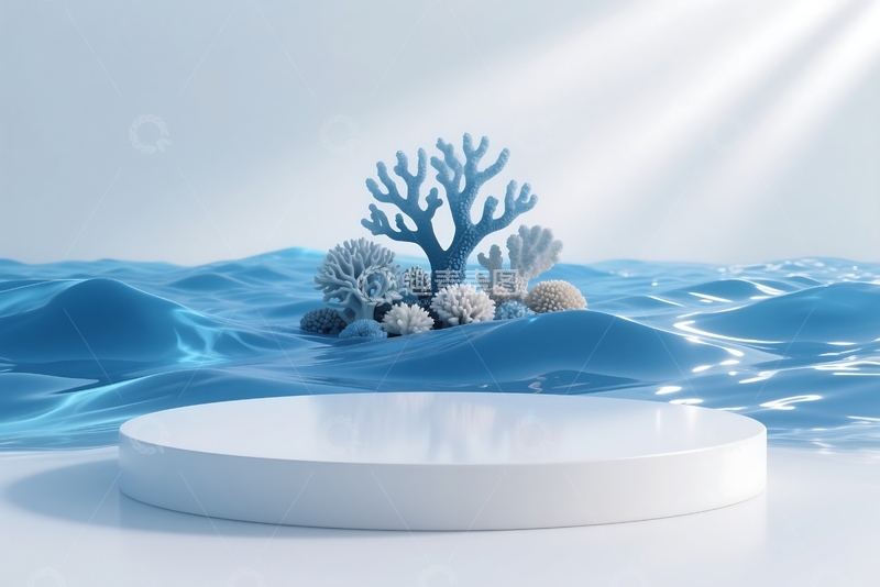 高清大图下载【趣麦麦图】三维蓝色系波浪与珊瑚展台背景 (2)