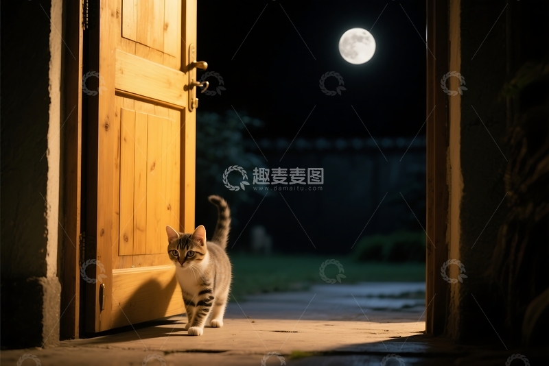 高清大图下载【趣麦麦图】月下小猫穿过门 (1)