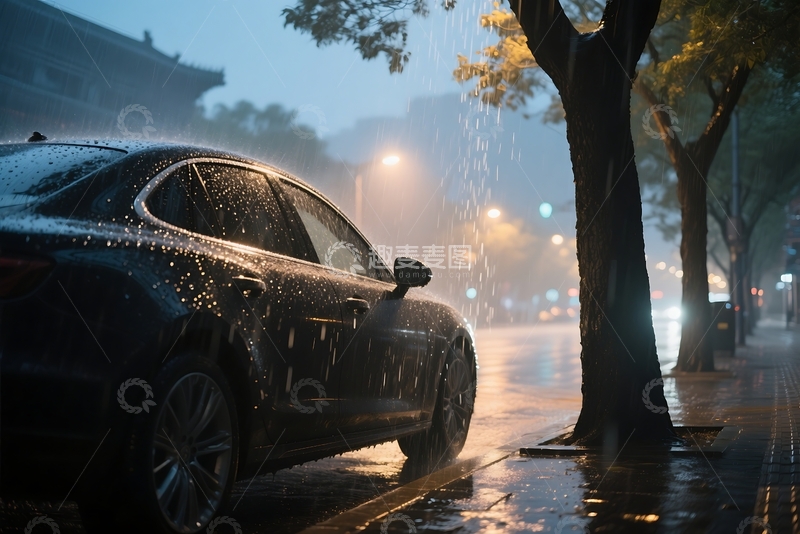 高清大图下载【趣麦麦图】灯光笼罩汽车和雨滴 (4)