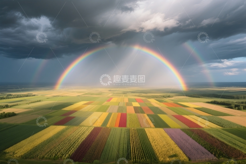 高清大图下载【趣麦麦图】暴风云中的彩虹映照在农田上 (2)