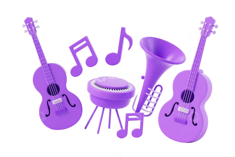 高清大图下载【趣麦麦图】免抠时尚紫色音乐乐器组合插画 (1)