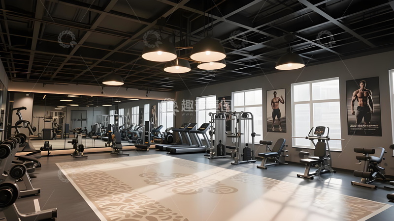 高清大图下载【趣麦麦图】专业健身室灯光明亮的健身房空间