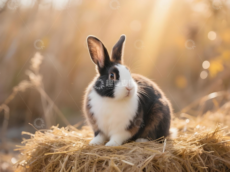 高清大图下载【趣麦麦图】宠物特写夕阳下聚焦干草堆上黑白色兔子